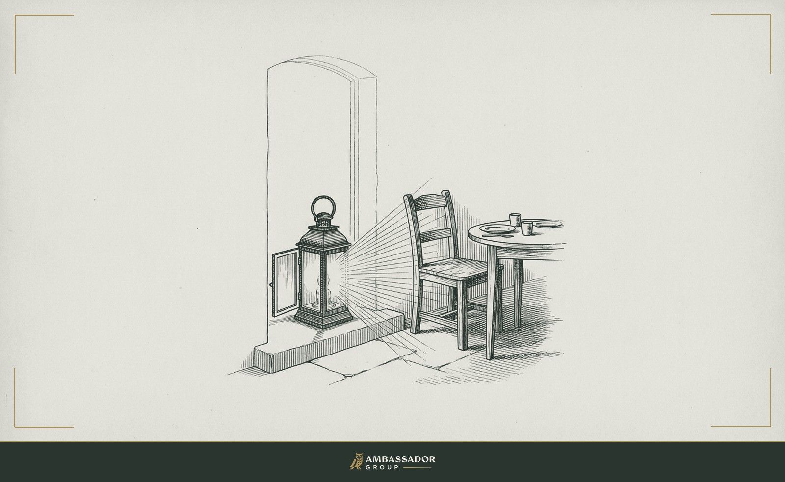 Antique engraving illustration. A lantern placed at an open threshold, its warm light spilling inward onto an empty chair pulled close to a small round table set for two.