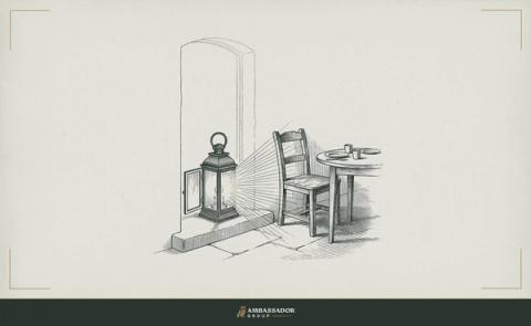 Antique engraving illustration. A lantern placed at an open threshold, its warm light spilling inward onto an empty chair pulled close to a small round table set for two.