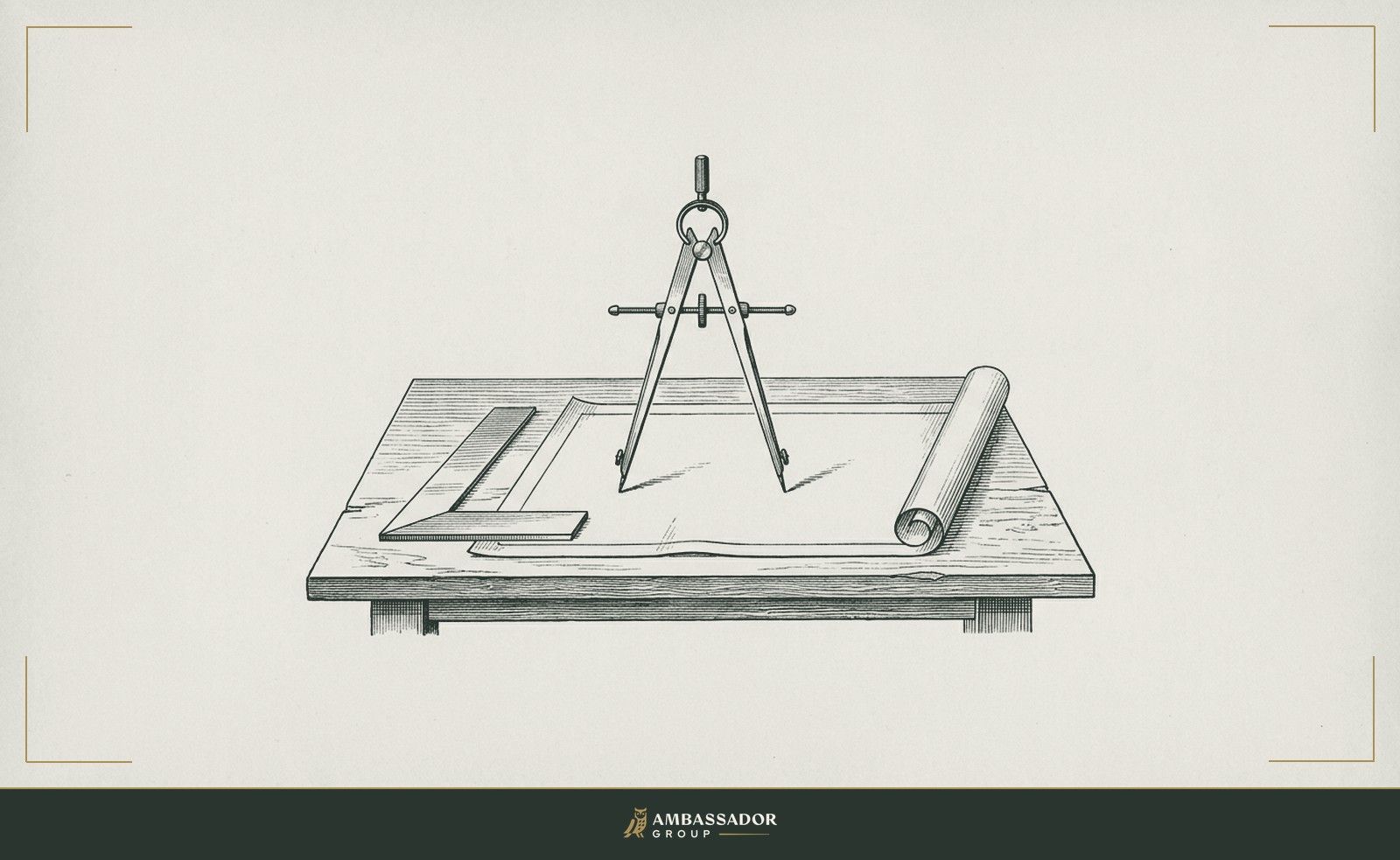 Antique engraving illustration. A pair of drafting dividers standing open above a rolled plan and a try square on a drafting table.
