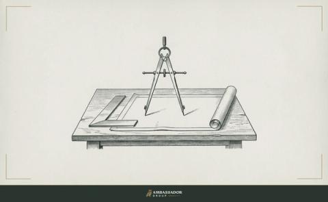 Antique engraving illustration. A pair of drafting dividers standing open above a rolled plan and a try square on a drafting table.