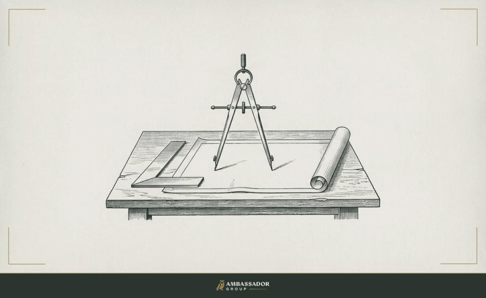 Antique engraving illustration. A pair of drafting dividers standing open above a rolled plan and a try square on a drafting table.