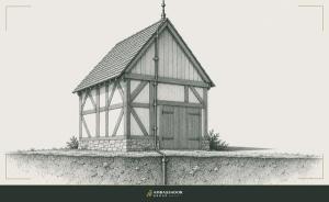 Antique engraving illustration. A tall lightning rod mounted at the peak of a timber-framed structure, a copper grounding cable running the full length down to a buried rod, the path complete.