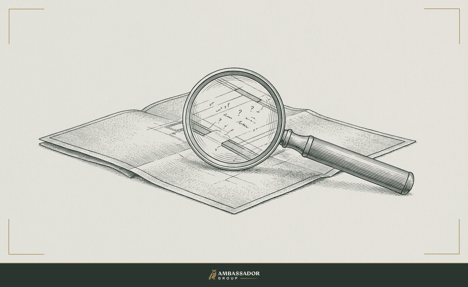 Antique engraving illustration. A single folded document spread flat beneath a jeweler's loupe, the magnified text revealing careful notations and margin queries penciled between its printed lines.