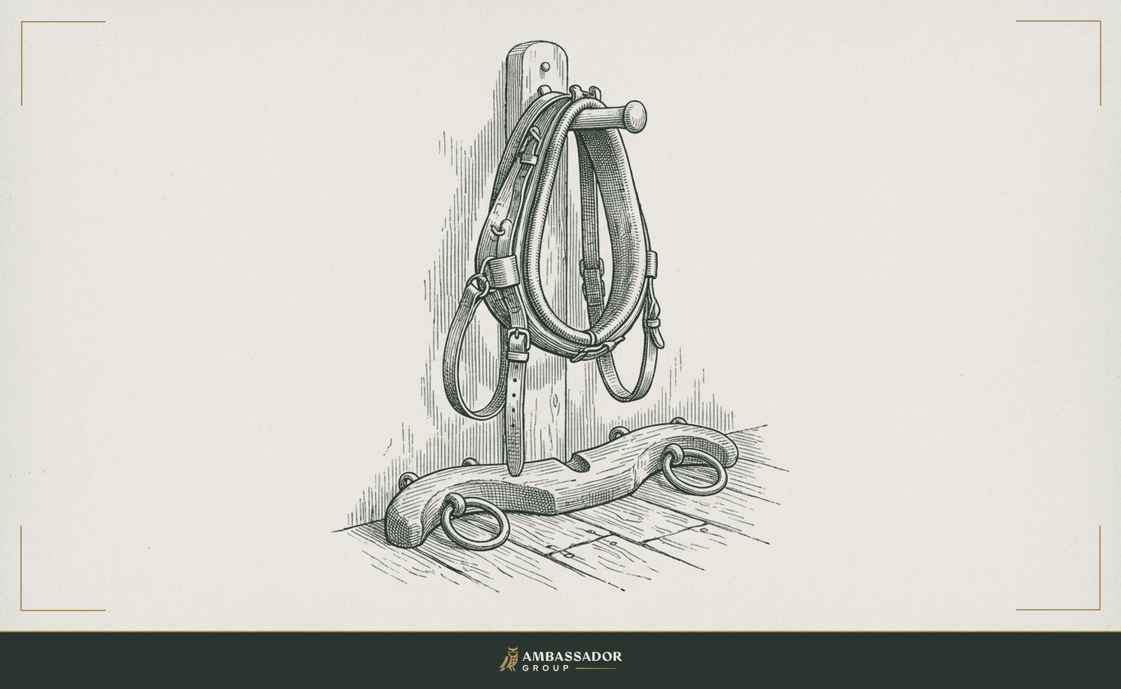 Antique engraving illustration. A draft horse's harness hanging from a wall peg, its collar worn and cracked, the yoke resting on the floor below it unused.