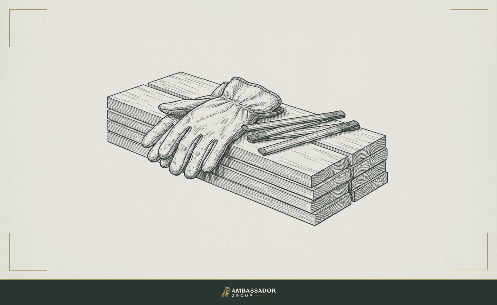 Antique engraving illustration. A pair of leather work gloves and a folding rule resting on a stack of dressed lumber.