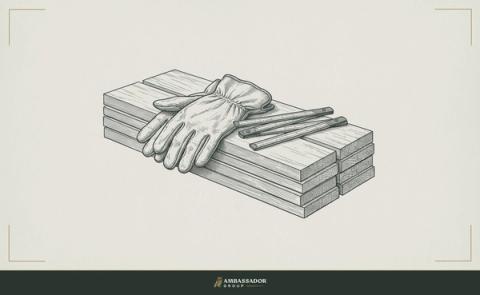 Antique engraving illustration. A pair of leather work gloves and a folding rule resting on a stack of dressed lumber.