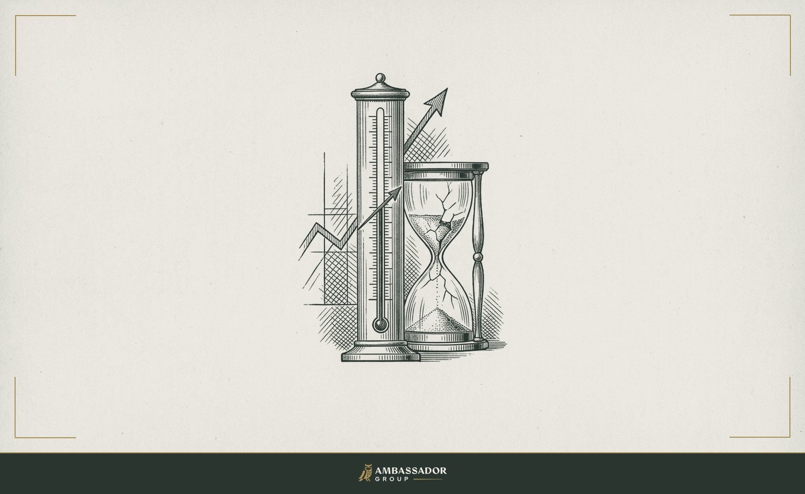 Antique engraving illustration. A construction cost index etched onto a rising barometer column next to a cracked hourglass, the mercury climbing as the glass splinters at the narrow waist.