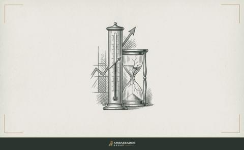 Antique engraving illustration. A construction cost index etched onto a rising barometer column next to a cracked hourglass, the mercury climbing as the glass splinters at the narrow waist.