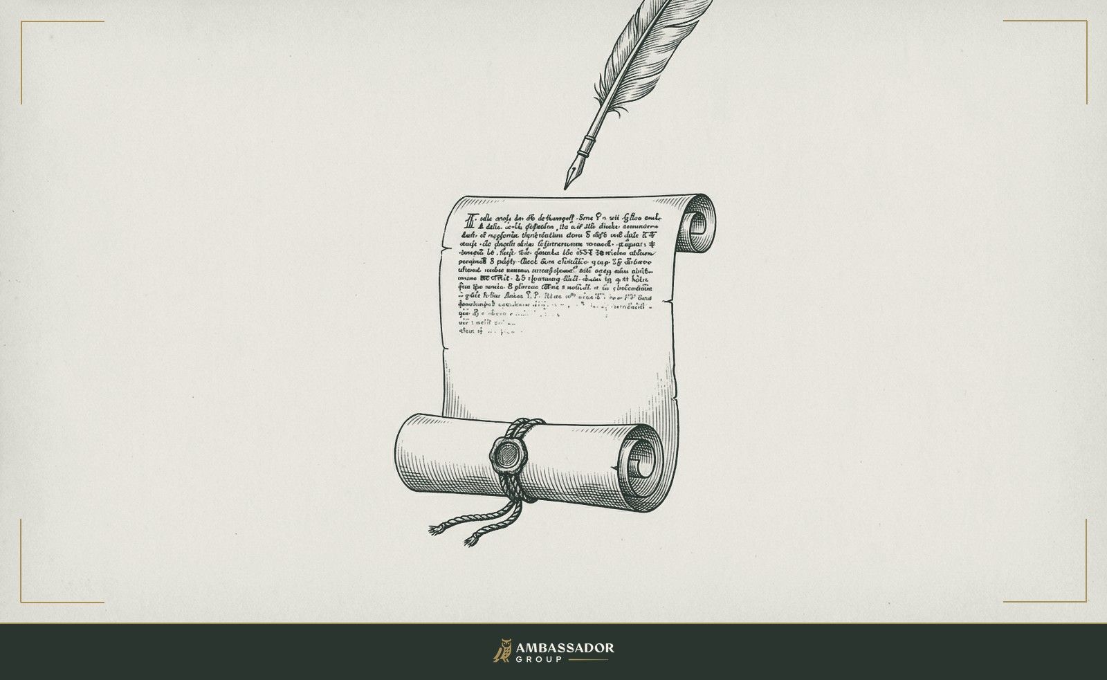 Antique engraving illustration. A rolled scroll tied with cord, partially unrolled to reveal dense text that fades into blankness halfway down, a quill poised above it.