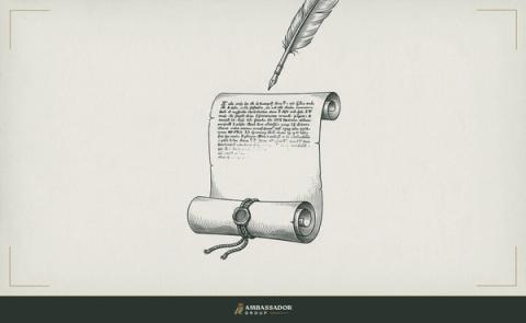 Antique engraving illustration. A rolled scroll tied with cord, partially unrolled to reveal dense text that fades into blankness halfway down, a quill poised above it.