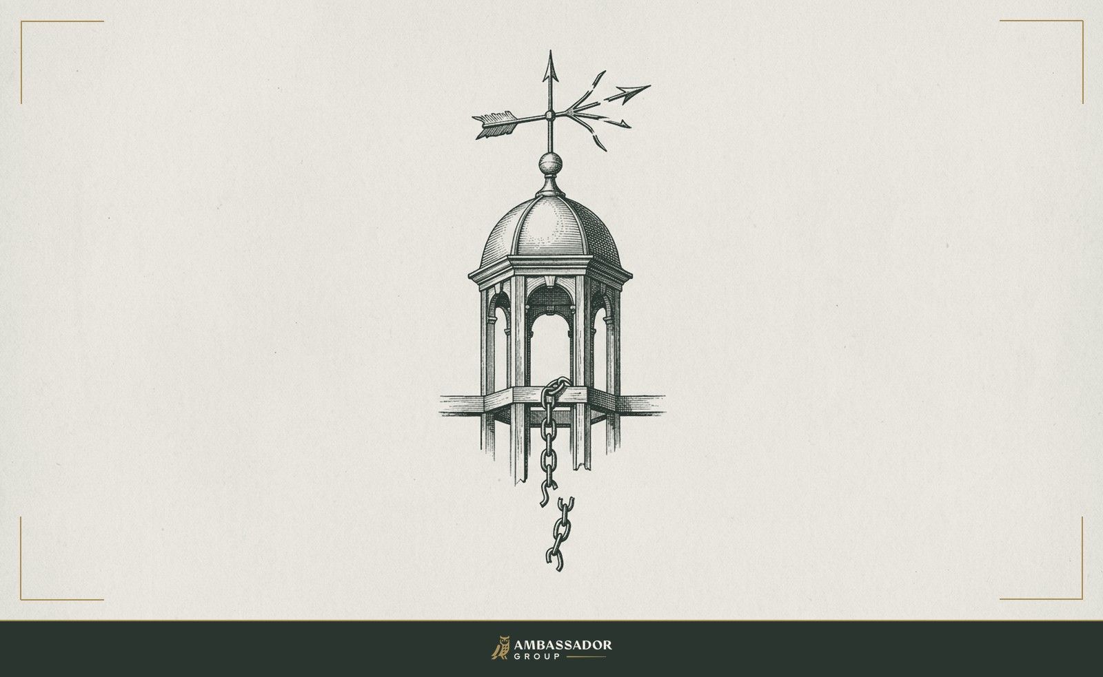 Antique engraving illustration. A weathervane atop a timber cupola, its arrow pointing in no consistent direction, below it a broken chain that once anchored a bell.