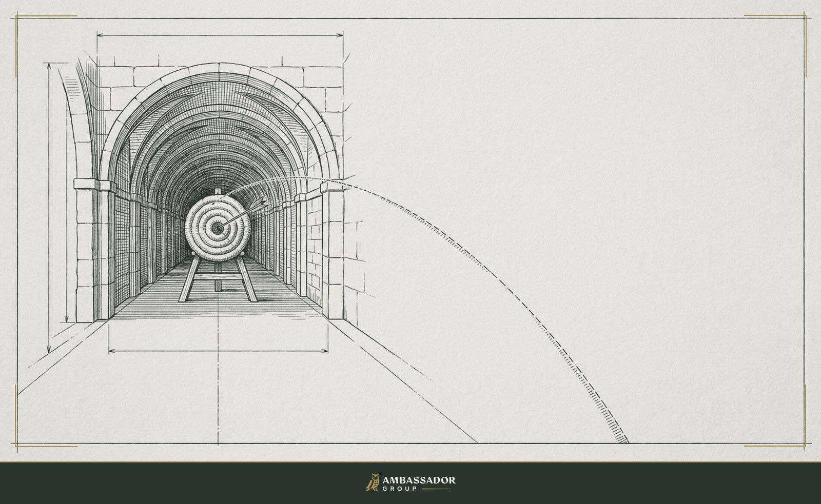Antique engraving illustration. An archers target with a single arrow struck in the bullseye, mounted at the far end of a long vaulted corridor, a faint trajectory line running back through the hall.