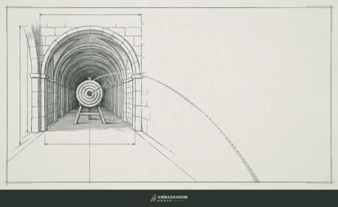 Antique engraving illustration. An archers target with a single arrow struck in the bullseye, mounted at the far end of a long vaulted corridor, a faint trajectory line running back through the hall.