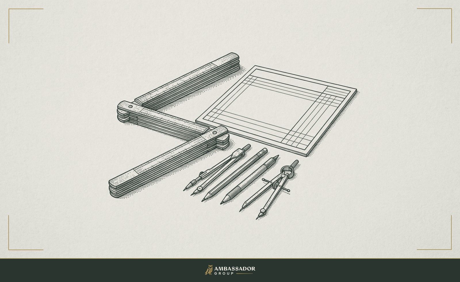 Antique engraving illustration. A wooden folding rule opened to a precise angle beside a blank score sheet on a drafting table, tools of structured measurement laid out before the work begins.