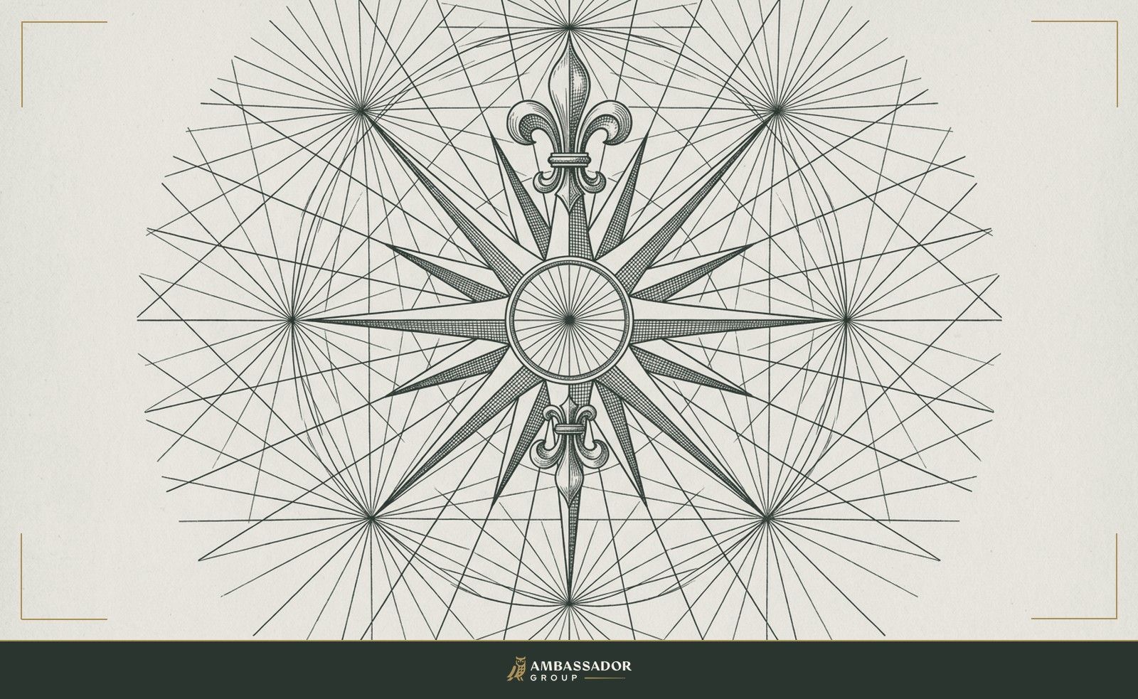 Antique engraving illustration. A compass rose engraved at the center of a printed broadsheet, its cardinal points arrayed like a mission statement from which every bearing and every headline radiates outward.