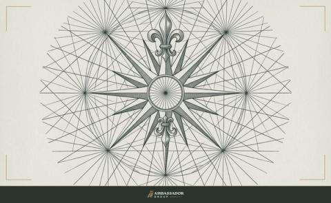 Antique engraving illustration. A compass rose engraved at the center of a printed broadsheet, its cardinal points arrayed like a mission statement from which every bearing and every headline radiates outward.