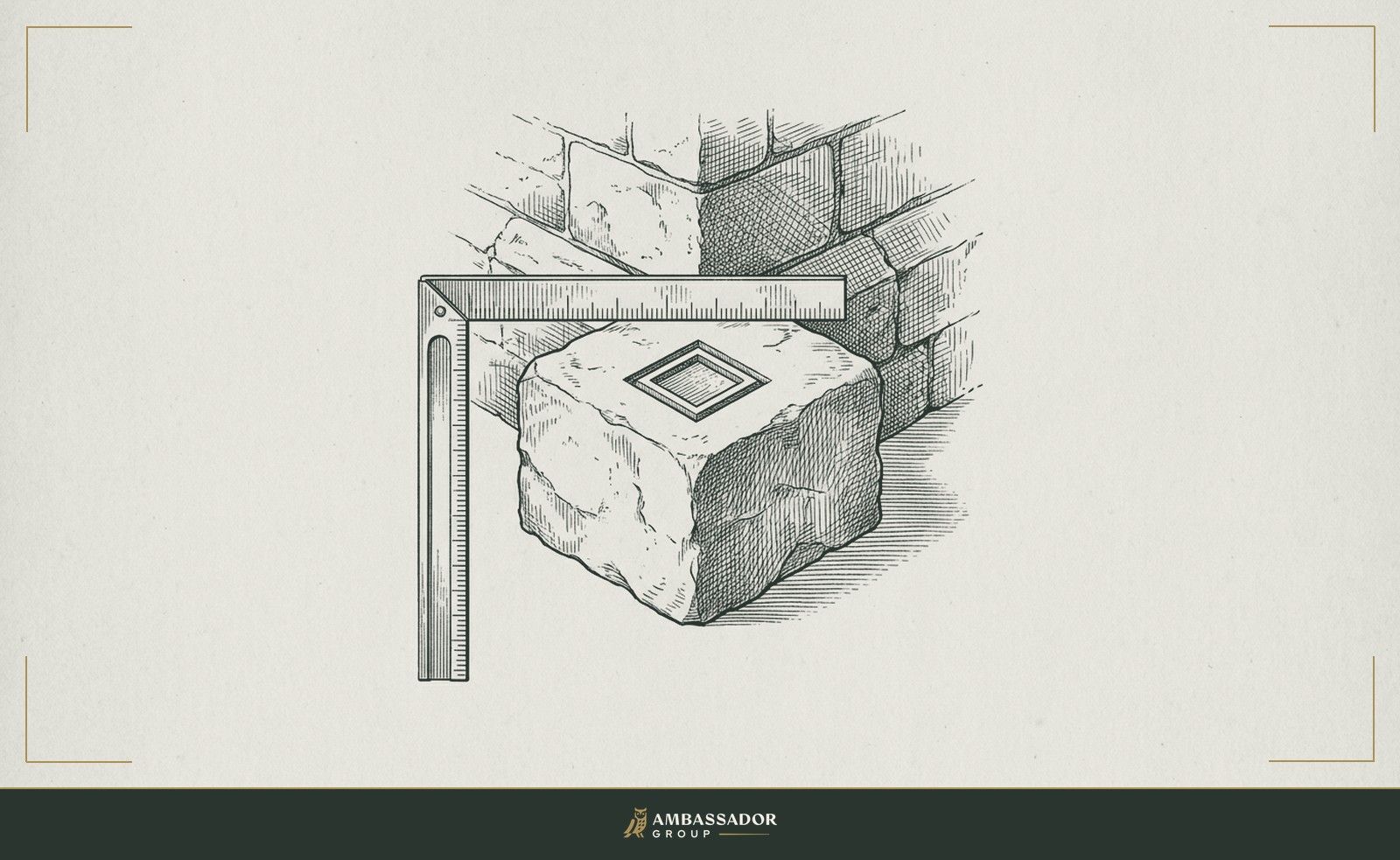Antique engraving illustration. A cornerstone block resting beneath a foundation wall, its upper face engraved with a diamond-shaped ledger mark, framed by a builder's square.