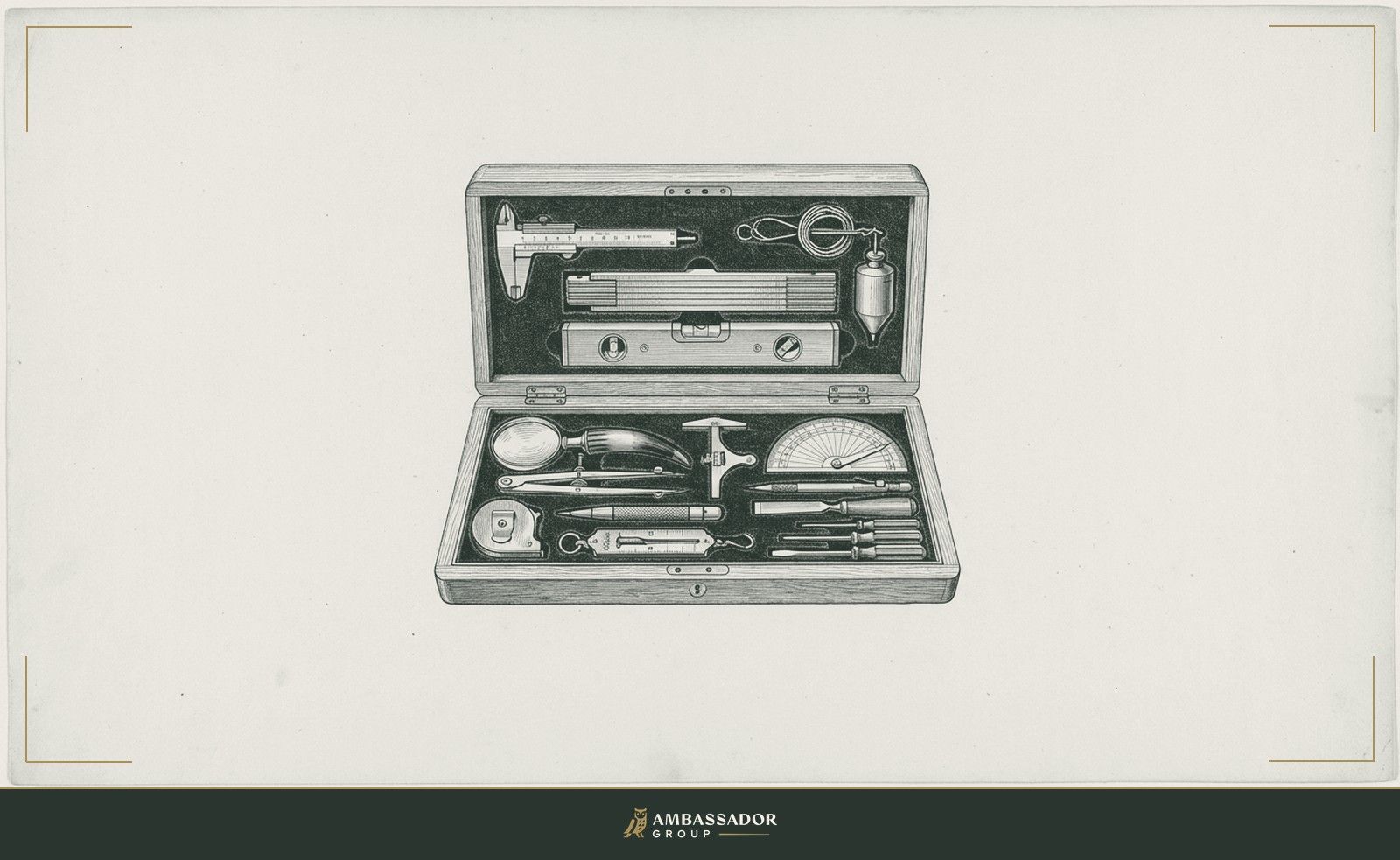 Antique engraving illustration. An open wooden case displaying fifteen precision instruments, calipers, plumb line, folding rule, level, magnifying glass, compass, and more, each in its fitted recess.