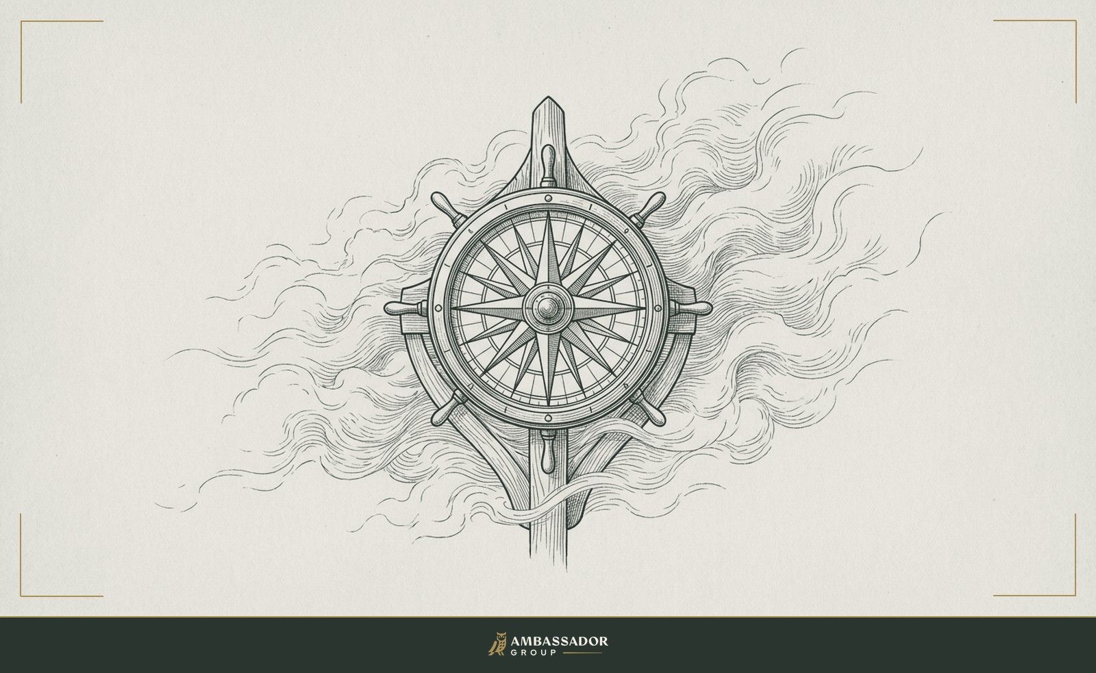 Antique engraving illustration. A ship's compass rose mounted at the prow of a vessel, surrounded by fog, with visible etched bearings but no horizon line yet resolved.