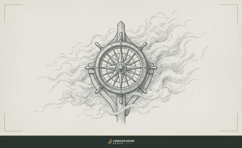 Antique engraving illustration. A ship's compass rose mounted at the prow of a vessel, surrounded by fog, with visible etched bearings but no horizon line yet resolved.