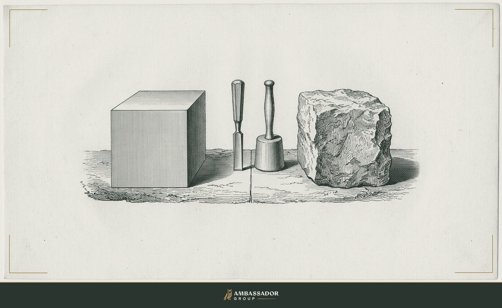 Antique engraving illustration. A mason's chisel and mallet beside two stone blocks, one cleanly dressed and one still rough, a dividing line between them.