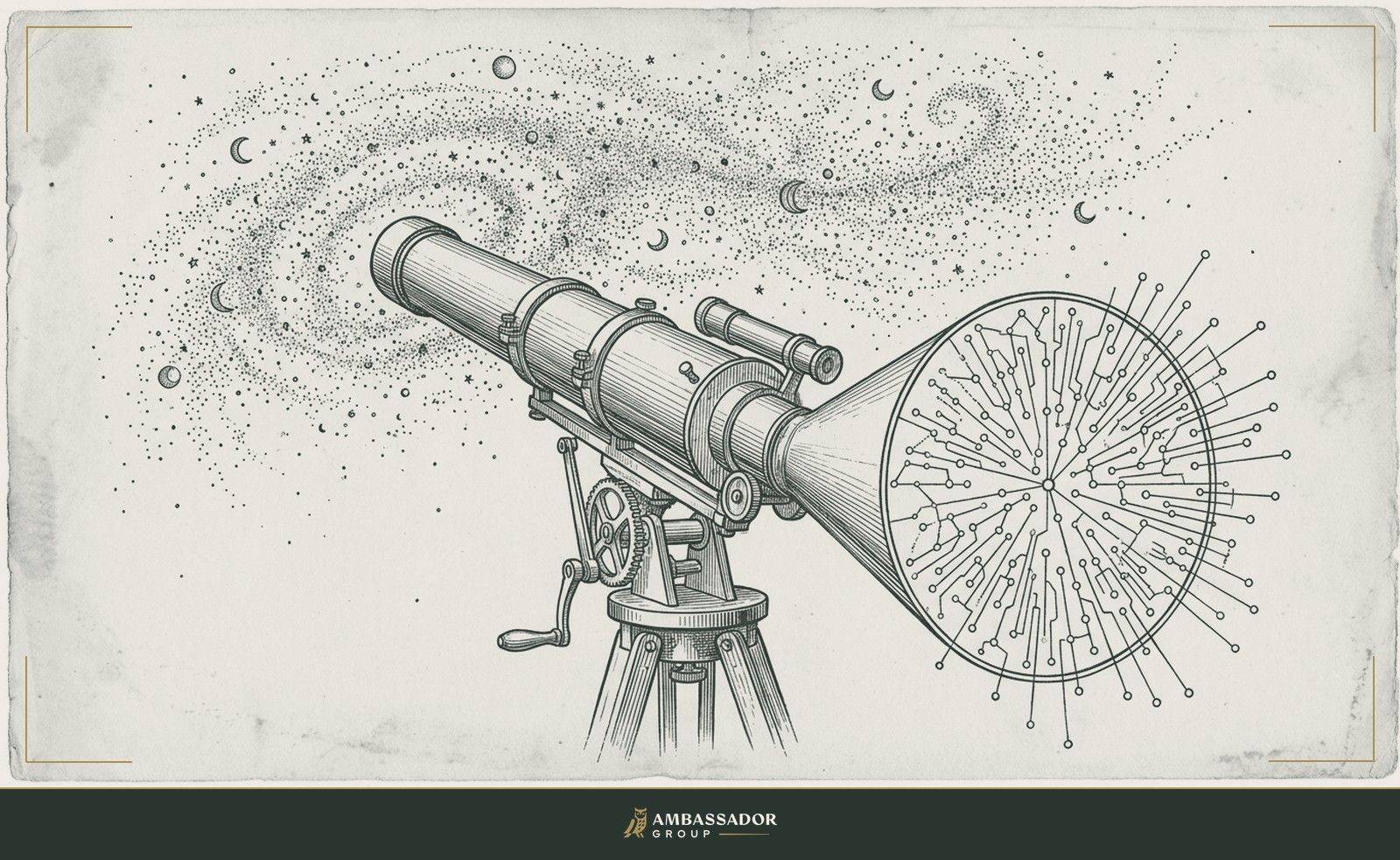 Antique engraving illustration. A telescope trained on a vast star field, its eyepiece engraved with a network diagram of connected nodes extending far beyond the visible horizon.