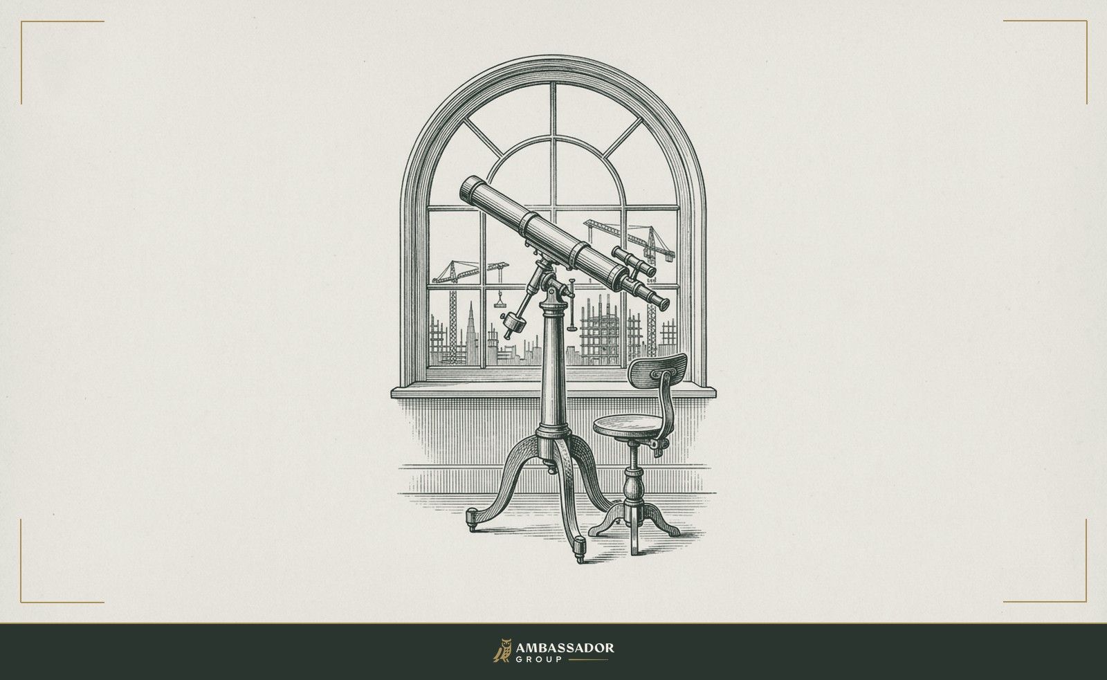 Antique engraving illustration. A telescope mounted at an observatory window aimed outward at a skyline of construction cranes, the observer's chair empty, the instrument itself doing the watching.