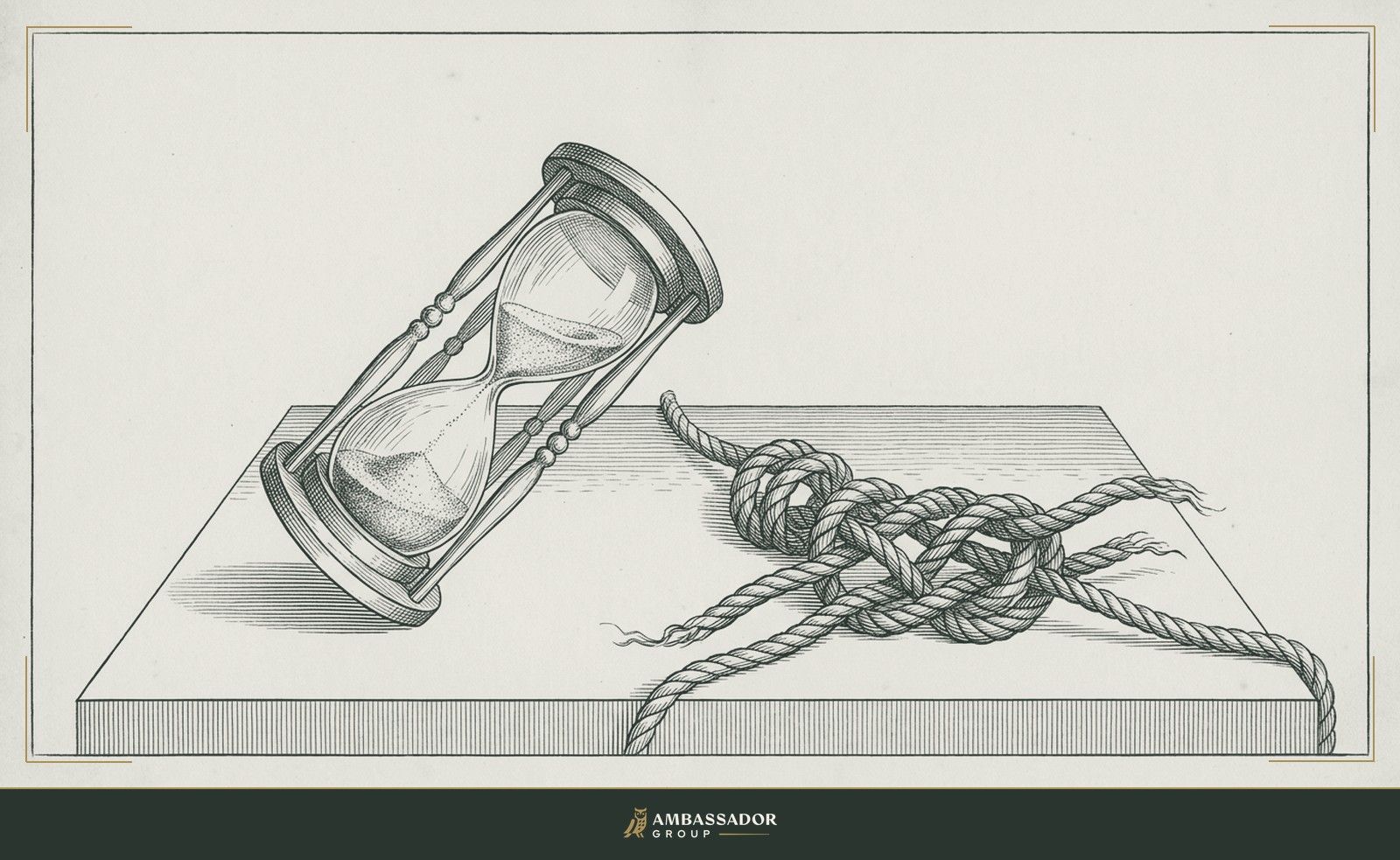 Antique engraving illustration. An hourglass tipped on its side, its sand suspended mid-fall, beside a half-completed knot that was tied too quickly and is already beginning to slip.