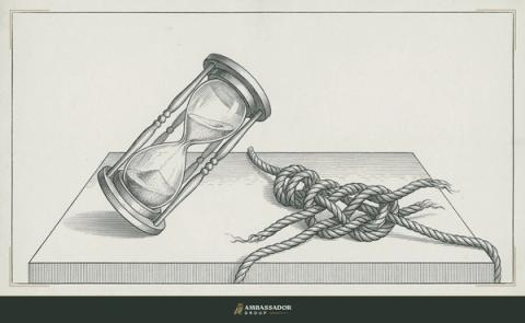 Antique engraving illustration. An hourglass tipped on its side, its sand suspended mid-fall, beside a half-completed knot that was tied too quickly and is already beginning to slip.