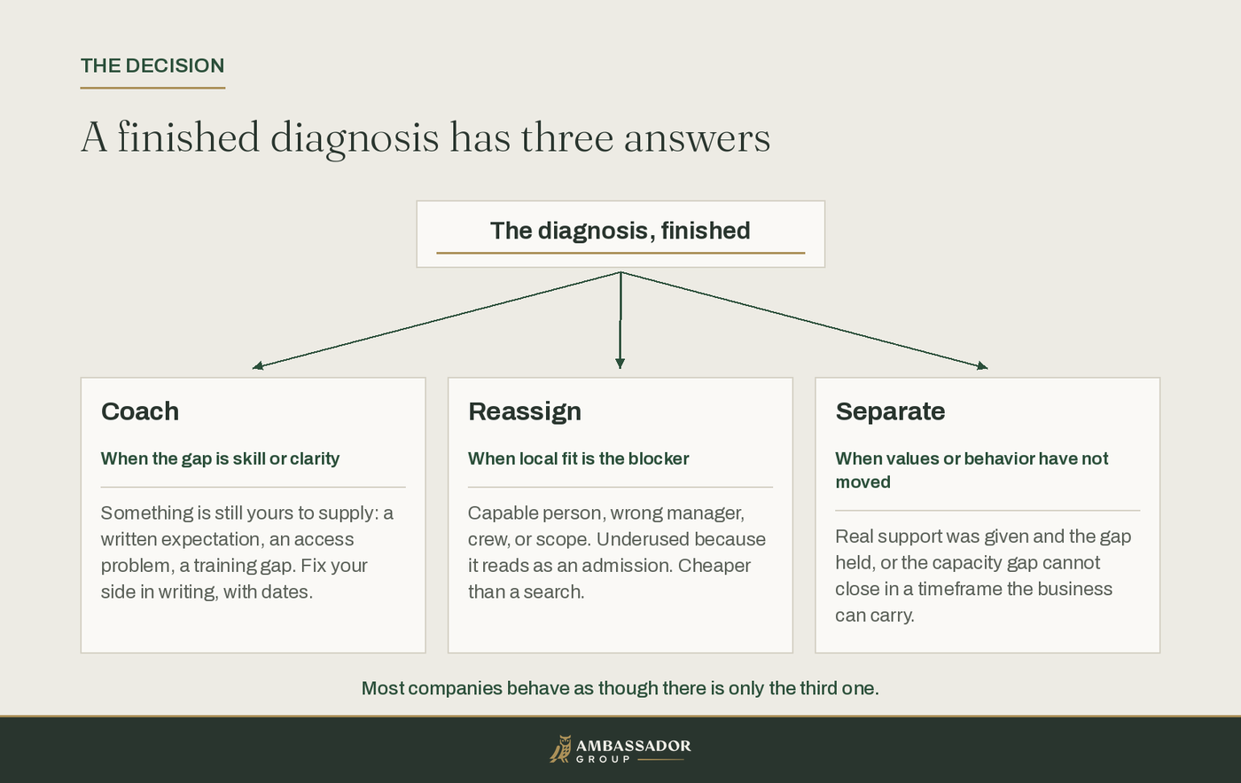 A finished diagnosis branching into three equally weighted outcomes: coach when the gap is skill or clarity, reassign when local fit is the blocker, and separate when values or behavior have not moved.