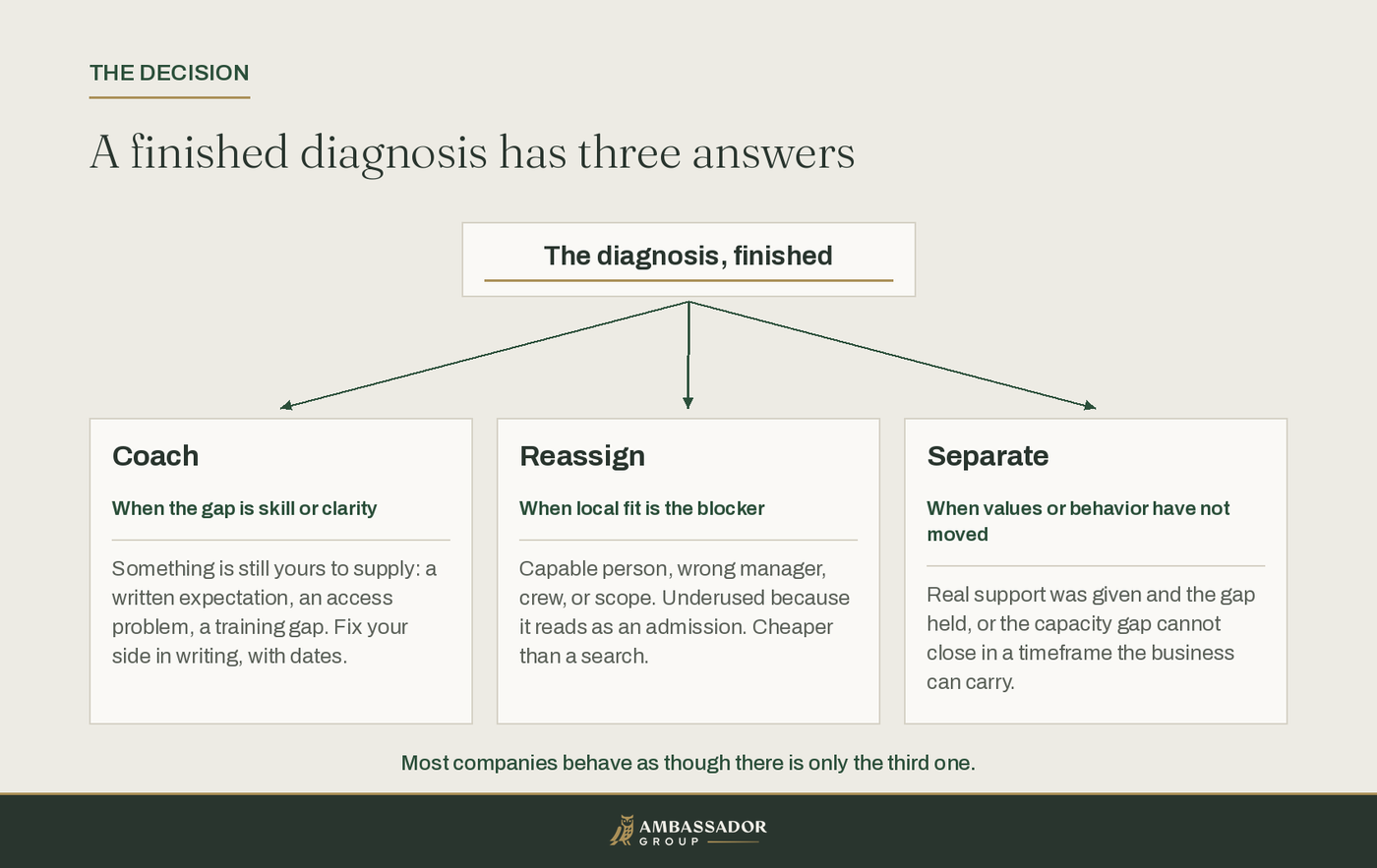 A finished diagnosis branching into three equally weighted outcomes: coach when the gap is skill or clarity, reassign when local fit is the blocker, and separate when values or behavior have not moved.