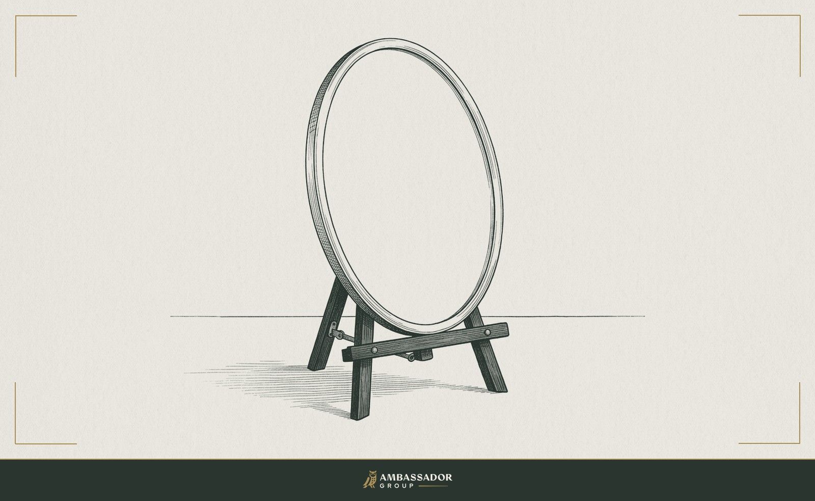 Antique engraving illustration. An empty oval mirror stands upright on a wooden easel, its glass facing the viewer across a bare tabletop.