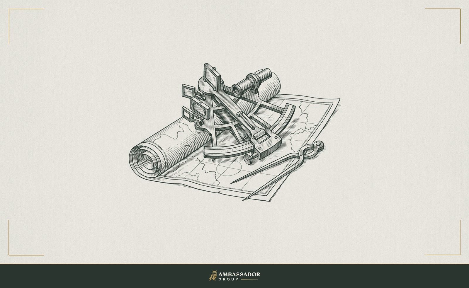 Antique engraving illustration. A bronze sextant rests half open on a furled nautical chart beside a pair of brass dividers.