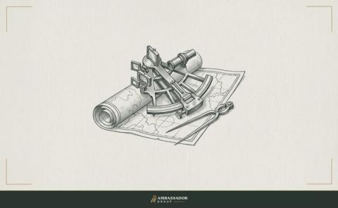 Antique engraving illustration. A bronze sextant rests half open on a furled nautical chart beside a pair of brass dividers.
