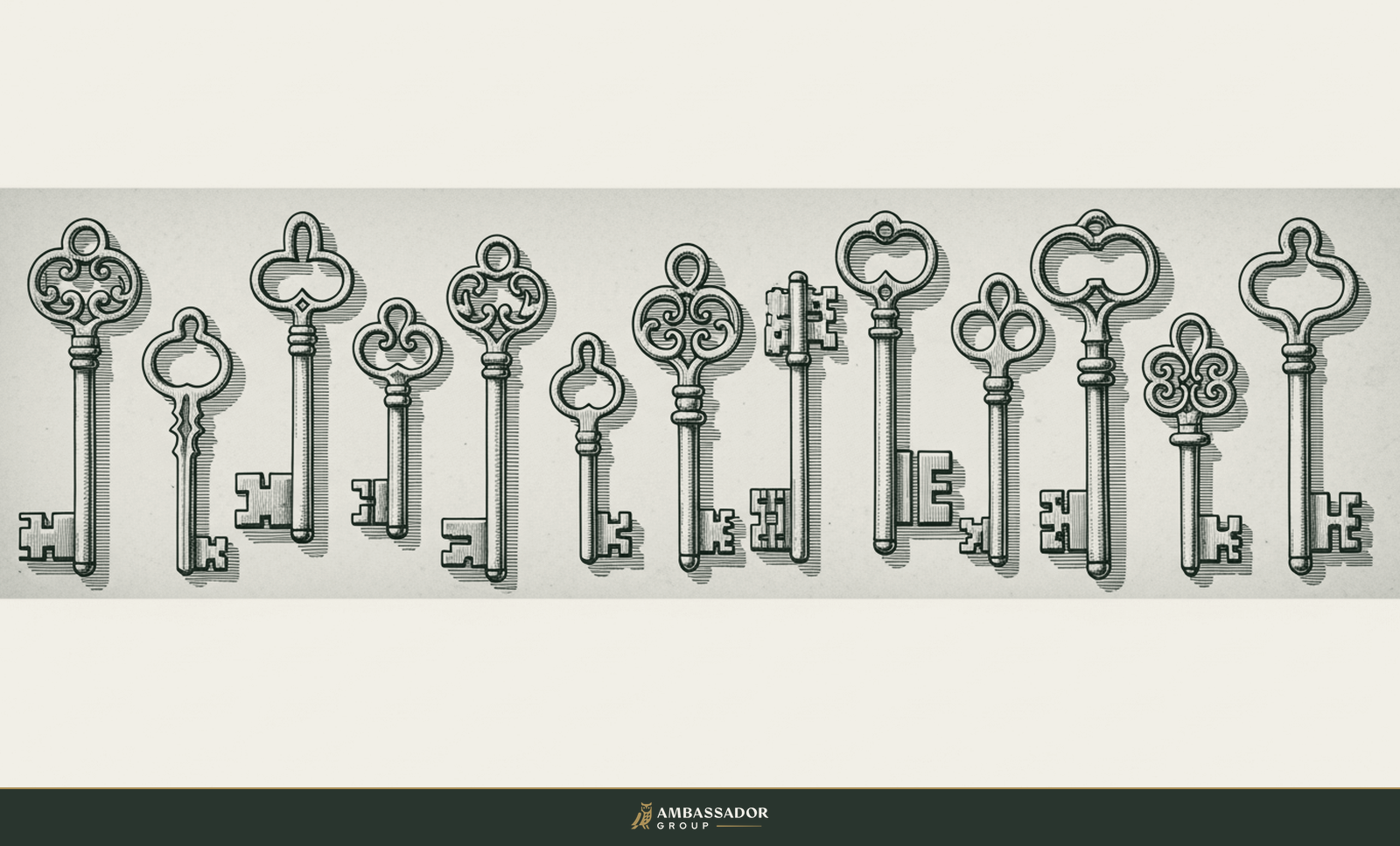 Antique engraving illustration. An array of distinct hand-forged iron keys of varying shapes laid in a careful row on parchment, each one different and catalogued.