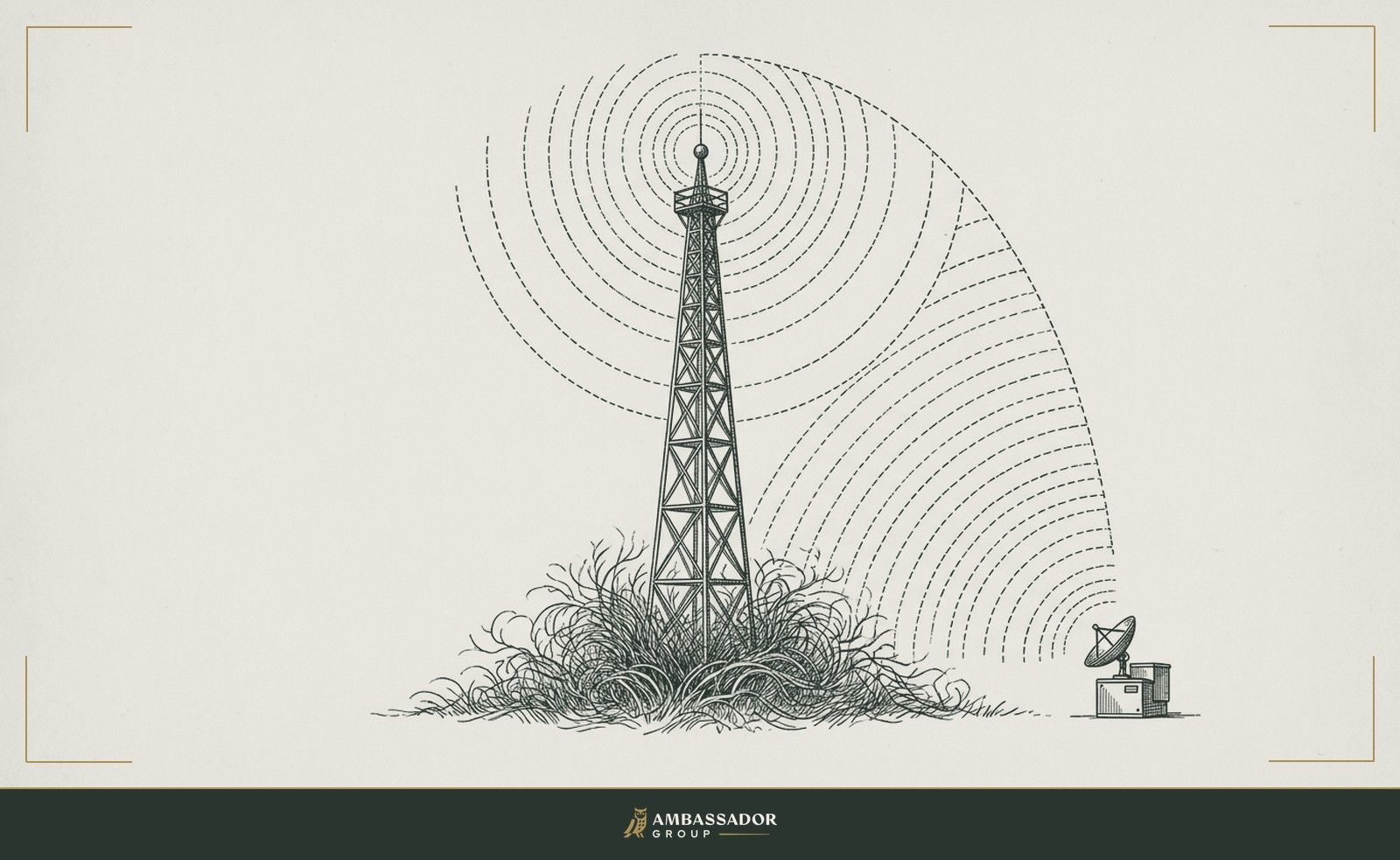 Antique engraving illustration. A radio antenna tower rising above tangled brush, a clear signal arc emanating from its apex toward a single receiver below.