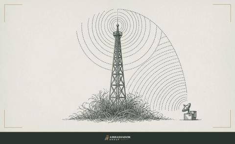 Antique engraving illustration. A radio antenna tower rising above tangled brush, a clear signal arc emanating from its apex toward a single receiver below.
