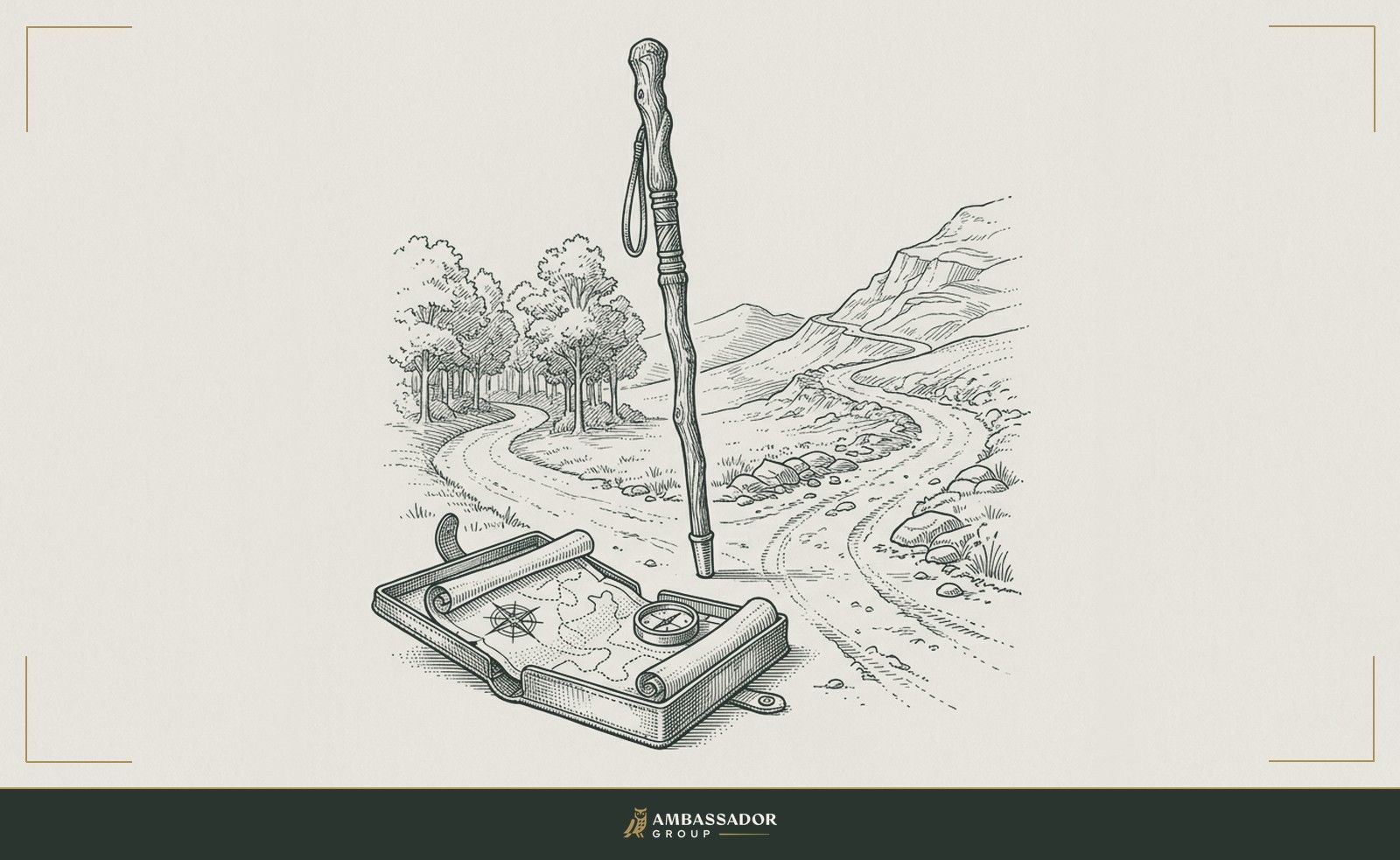 Antique engraving illustration. A traveler's walking staff planted at a fork in the road, a map case open in the foreground, the chosen path beginning to climb.