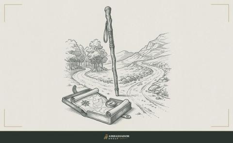 Antique engraving illustration. A traveler's walking staff planted at a fork in the road, a map case open in the foreground, the chosen path beginning to climb.