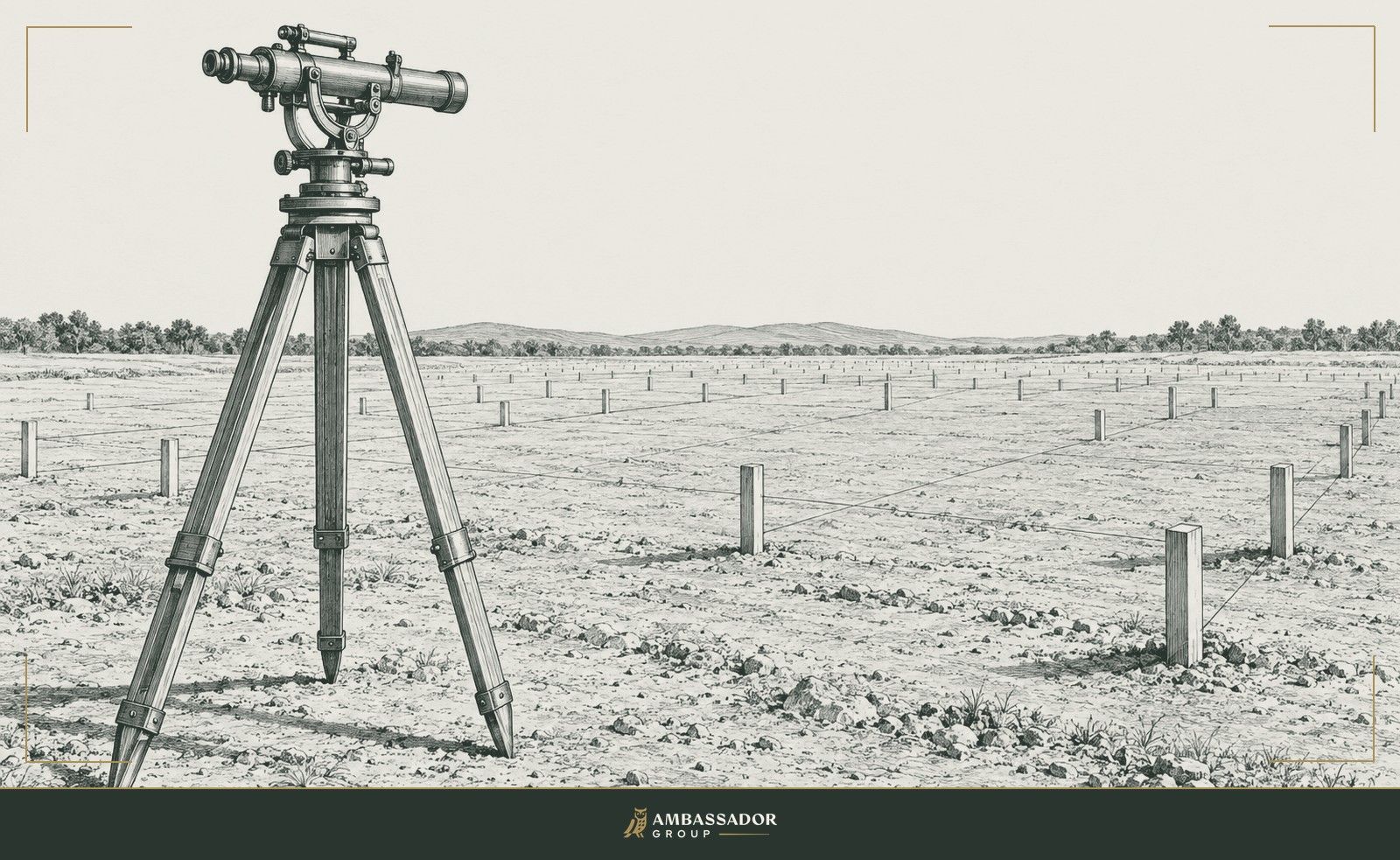 Antique engraving illustration. A surveyor's transit on a tall tripod overlooks a wide field of foundation stakes receding to the horizon.