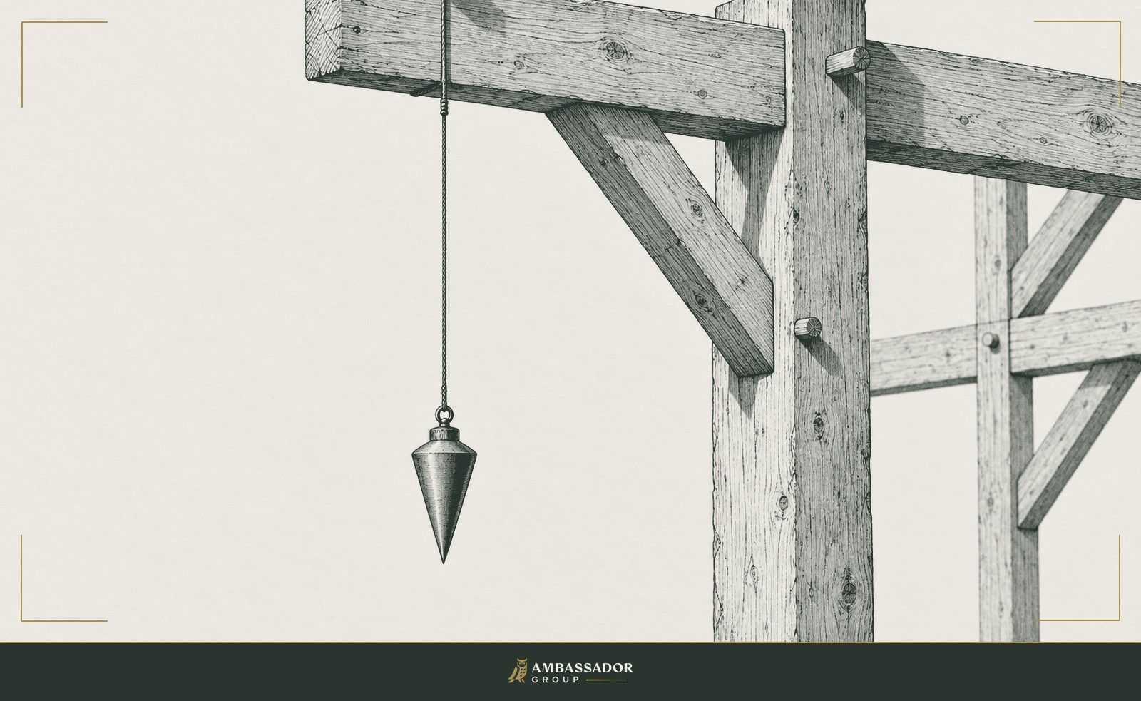 Antique engraving illustration. A carpenter's plumb bob hanging true on its line from an unfinished timber frame.