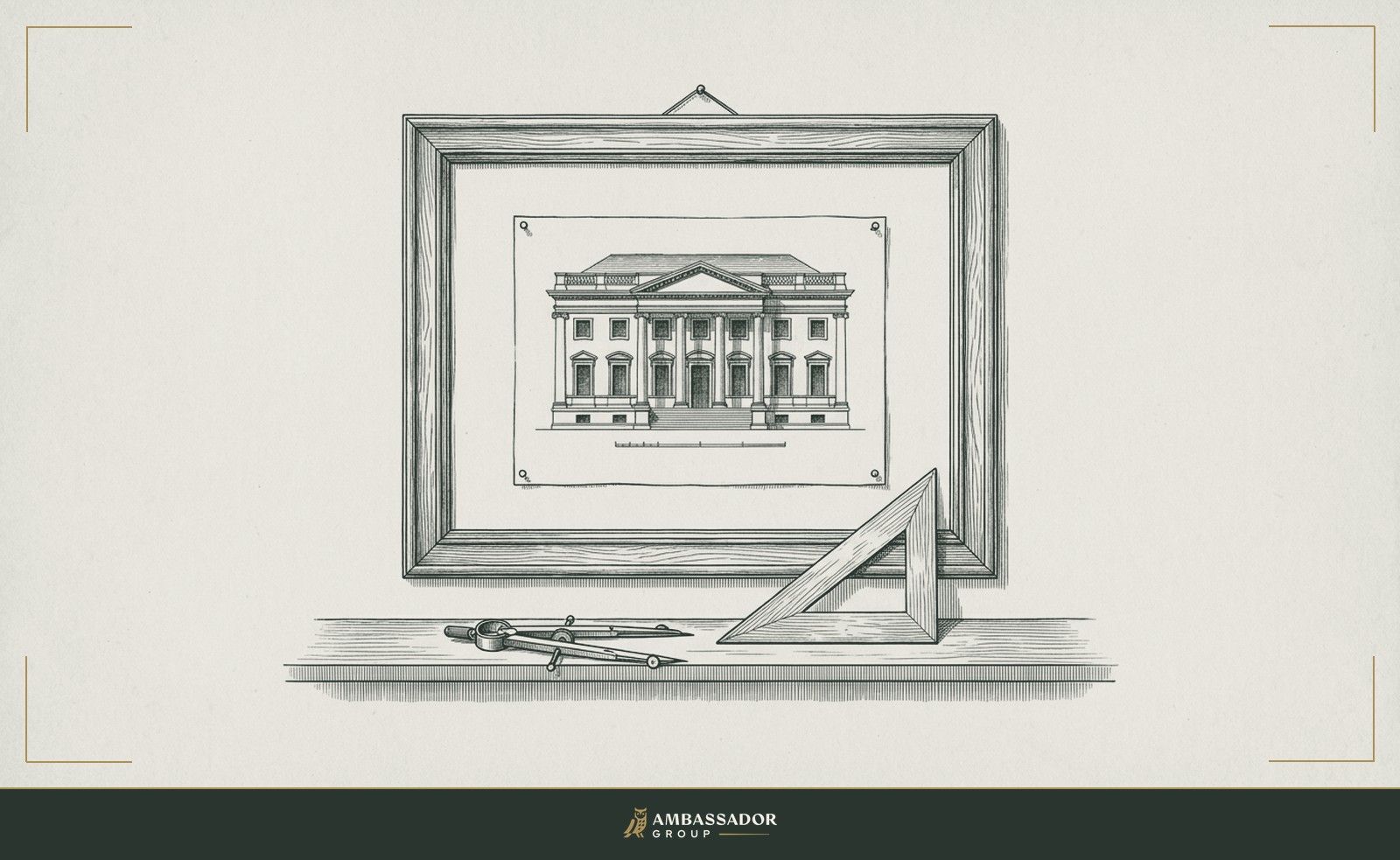Antique engraving illustration. An architect's drawing frame mounted on a wall, a finished elevation pinned inside it, a compass and set square laid on the sill below.