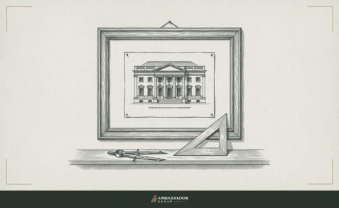 Antique engraving illustration. An architect's drawing frame mounted on a wall, a finished elevation pinned inside it, a compass and set square laid on the sill below.