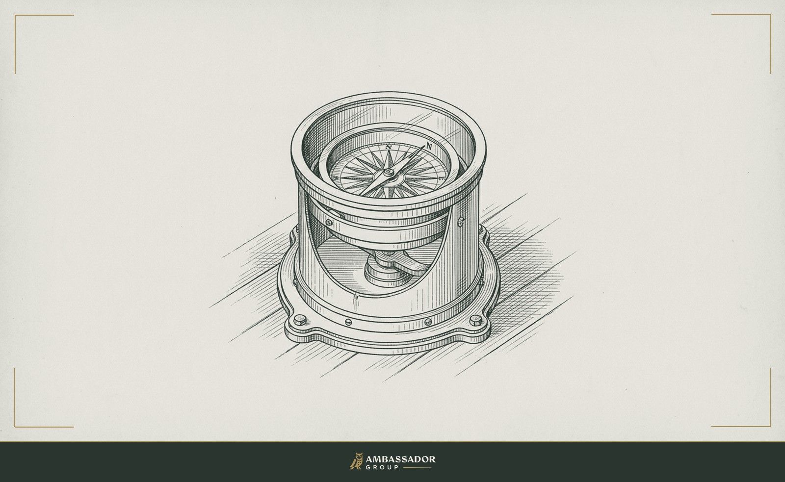 Antique engraving illustration. A ship's compass binnacle bolted to a deck, needle locked to magnetic north, the compass rose engraved deep into its brass housing.