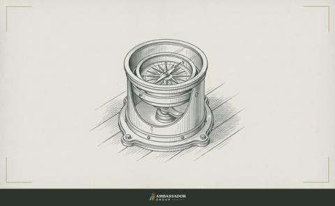 Antique engraving illustration. A ship's compass binnacle bolted to a deck, needle locked to magnetic north, the compass rose engraved deep into its brass housing.