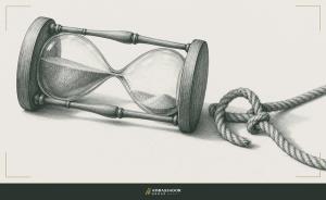 Antique engraving illustration. An hourglass tipped on its side, its sand suspended mid-fall, beside a half-completed knot that was tied too quickly and is already beginning to slip.