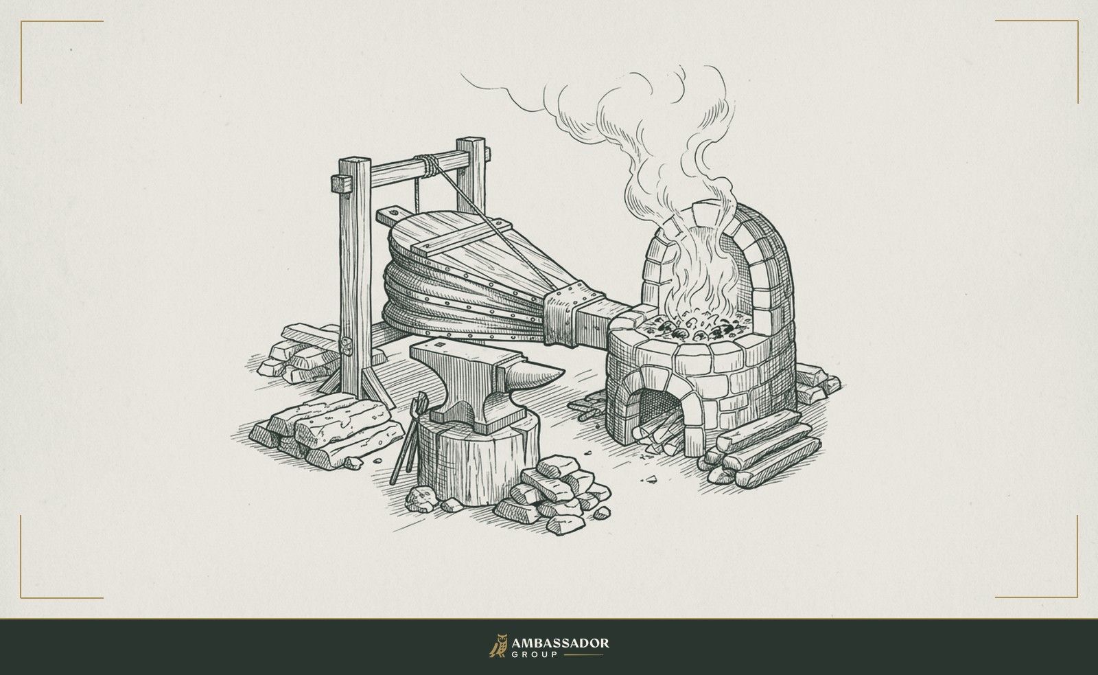 Antique engraving illustration. A forge bellows and an anvil surrounded by rough iron ingots, the fire stoked from within the shop, a place that makes things rather than simply assembles them, drawing craftsmen to the heat.