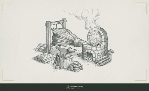 Antique engraving illustration. A forge bellows and an anvil surrounded by rough iron ingots, the fire stoked from within the shop, a place that makes things rather than simply assembles them, drawing craftsmen to the heat.