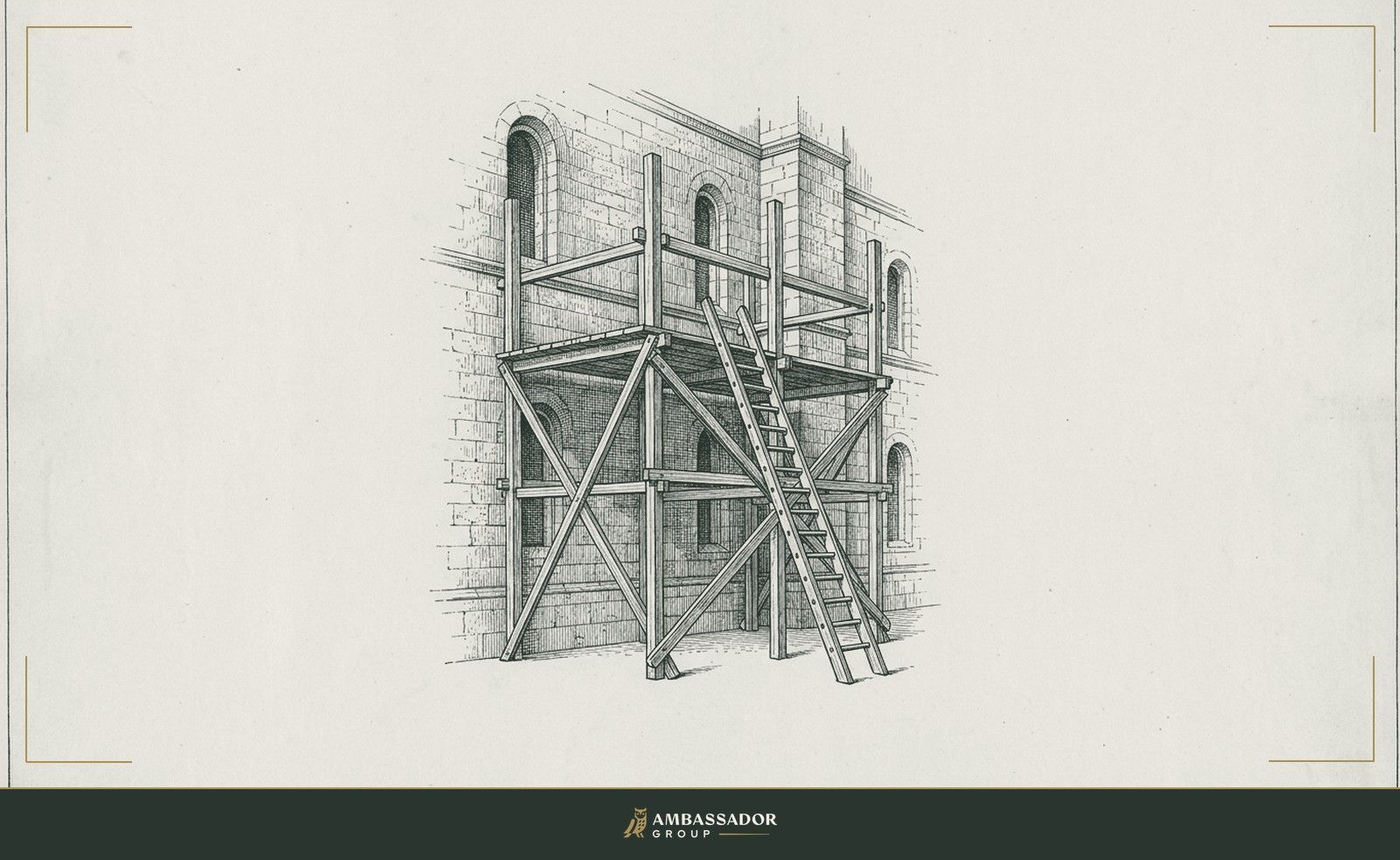 Antique engraving illustration. A set of timber scaffolding fully erected beside a building wall, a ladder leaning against the scaffold waiting to be climbed.