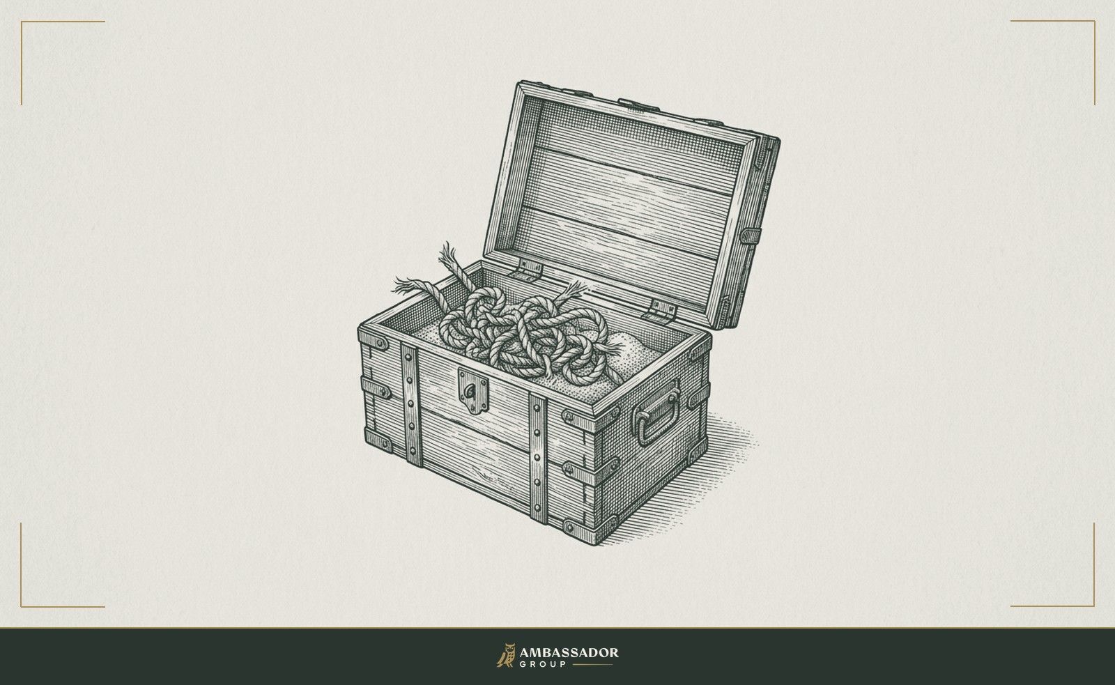Antique engraving illustration. A locked strongbox sitting open, the lid back, revealing not gold but a tangle of frayed rope knots resting on a bed of dust.